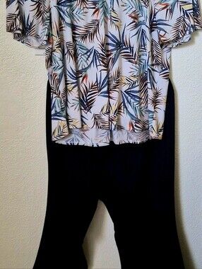 Women’s Blue Knit Pants/ Tropical  Blous- Classic Everyday Comfort (sold as set)